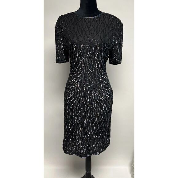 Vintage Beaded Black Dress Rainbow Iridescent sequin cocktail formal 10/12 Glam - Picture 1 of 16